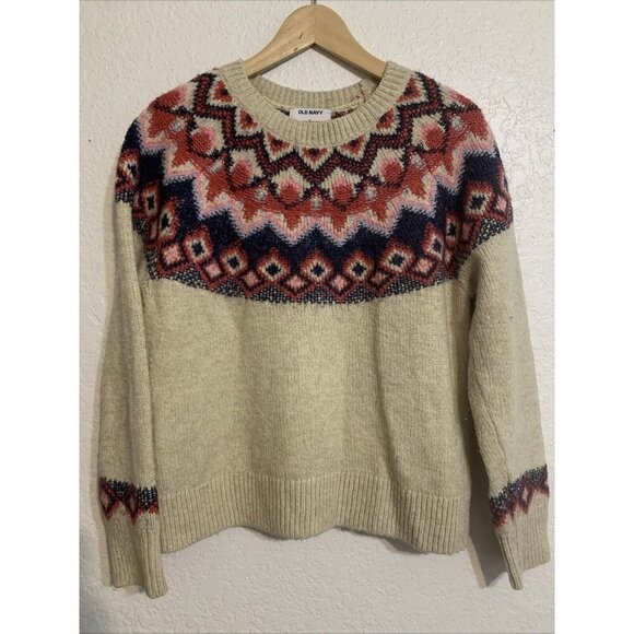 Women’s Fair Isle Wool Sweater Ivory Multicolor Diamond Pattern Sz M Nordiccore - Picture 3 of 13